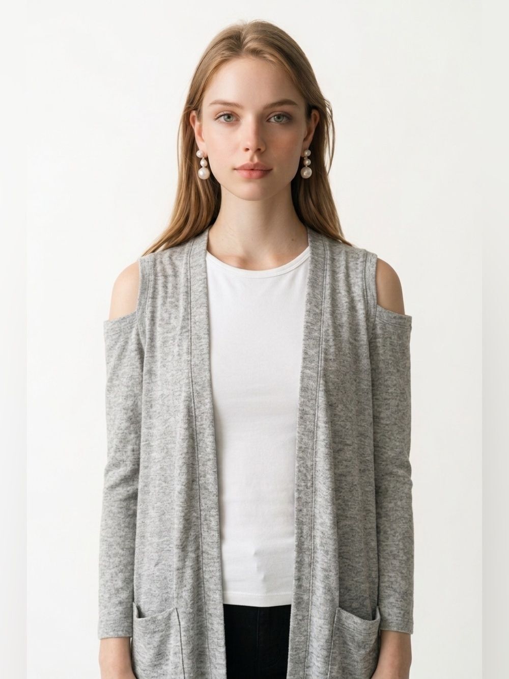 MOD REF | Cold Shoulder Cardigan Open Front Gray L